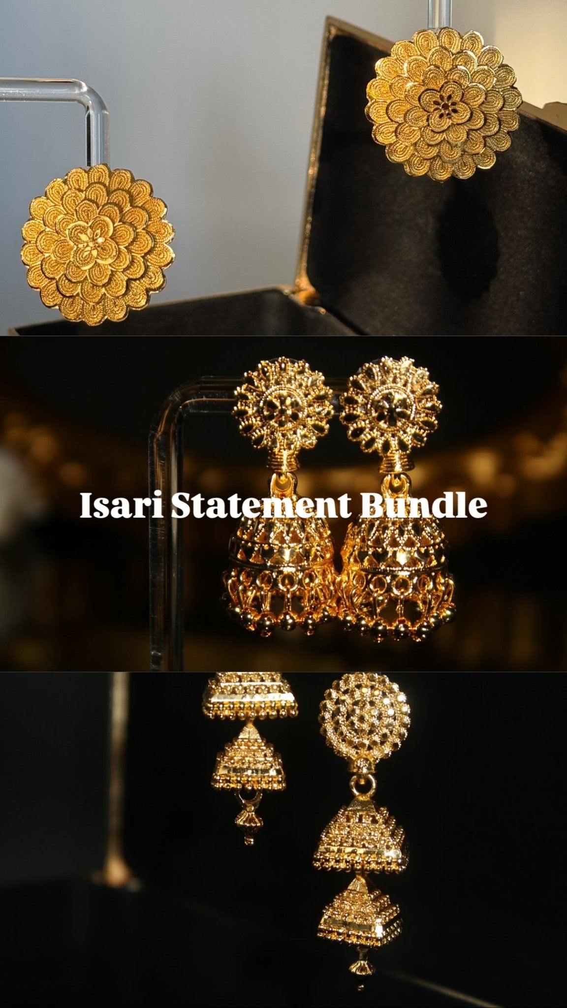 Isari Statement Bundle | 3 Gold Plated Jhumka & Stud Earrings Set - House of Isari