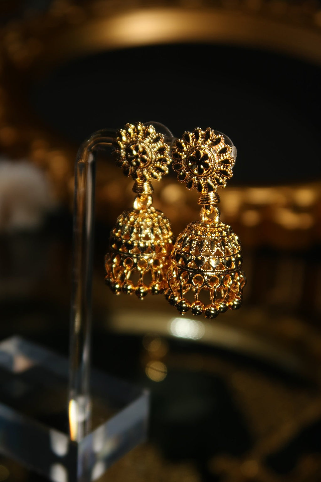 Gold plated Sabia jhumka earrings with floral stud top